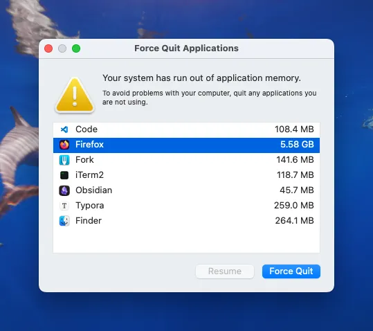 macOS "force quit applications" window