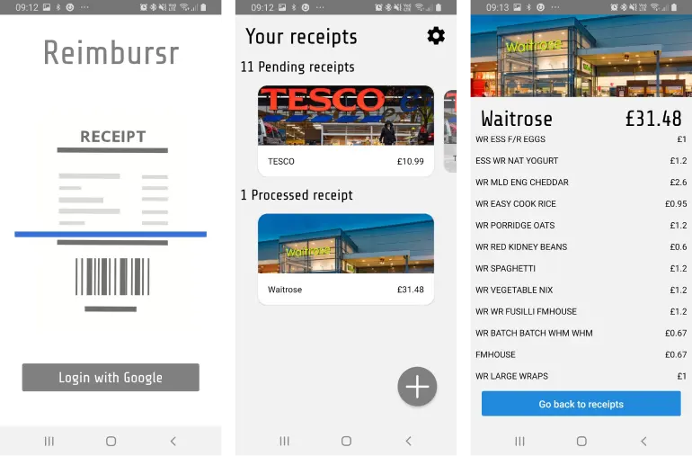 Screenshot of a mobile app UI for scanning receipts