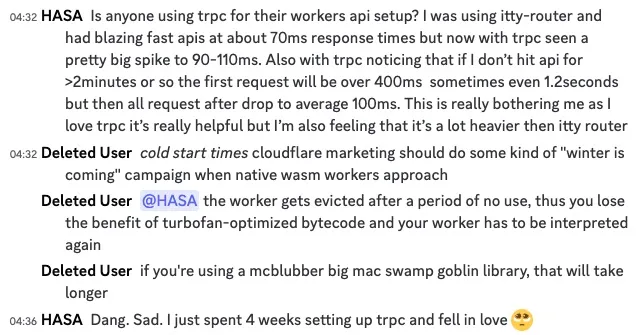 Discord chat between 2 users in Cloudflare Discord about tRPC on Cloudflare Workers